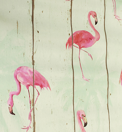 Flamingo print on rustic natural white wood panel