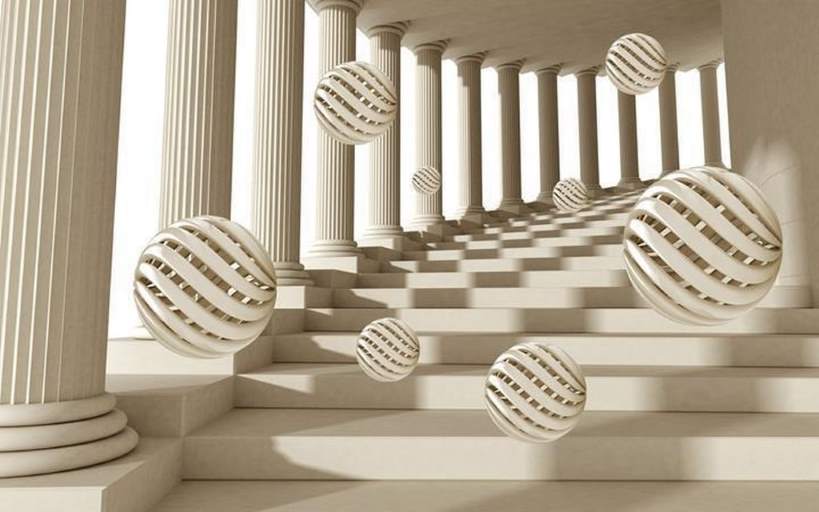 A 3D architectural illustration featuring a grand, curving stone staircase lined with classical fluted columns in monochrome beige tones, with several patterned, openwork geometric spheres floating in mid-air across the scene.