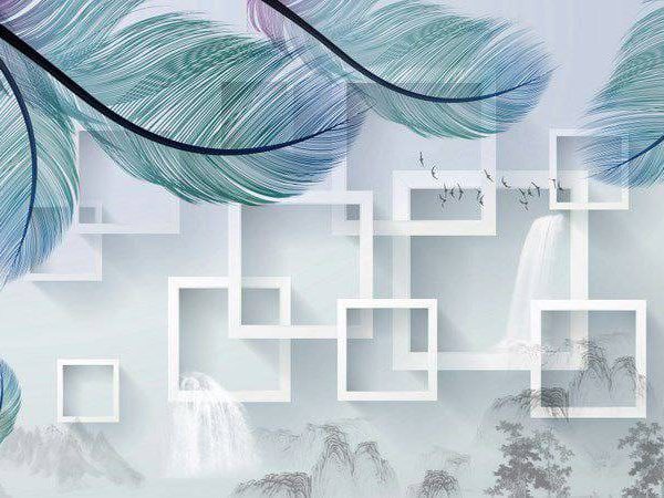 3D geometric wallpaper, beautifully intertwines structured, overlapping three-dimensional squares with soft organic elements like flowing feathers and misty landscape .