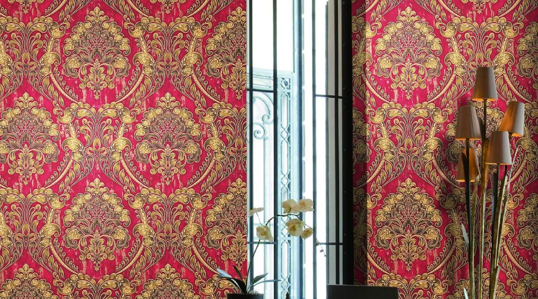 Elegant gold and red damask luxury wallpaper