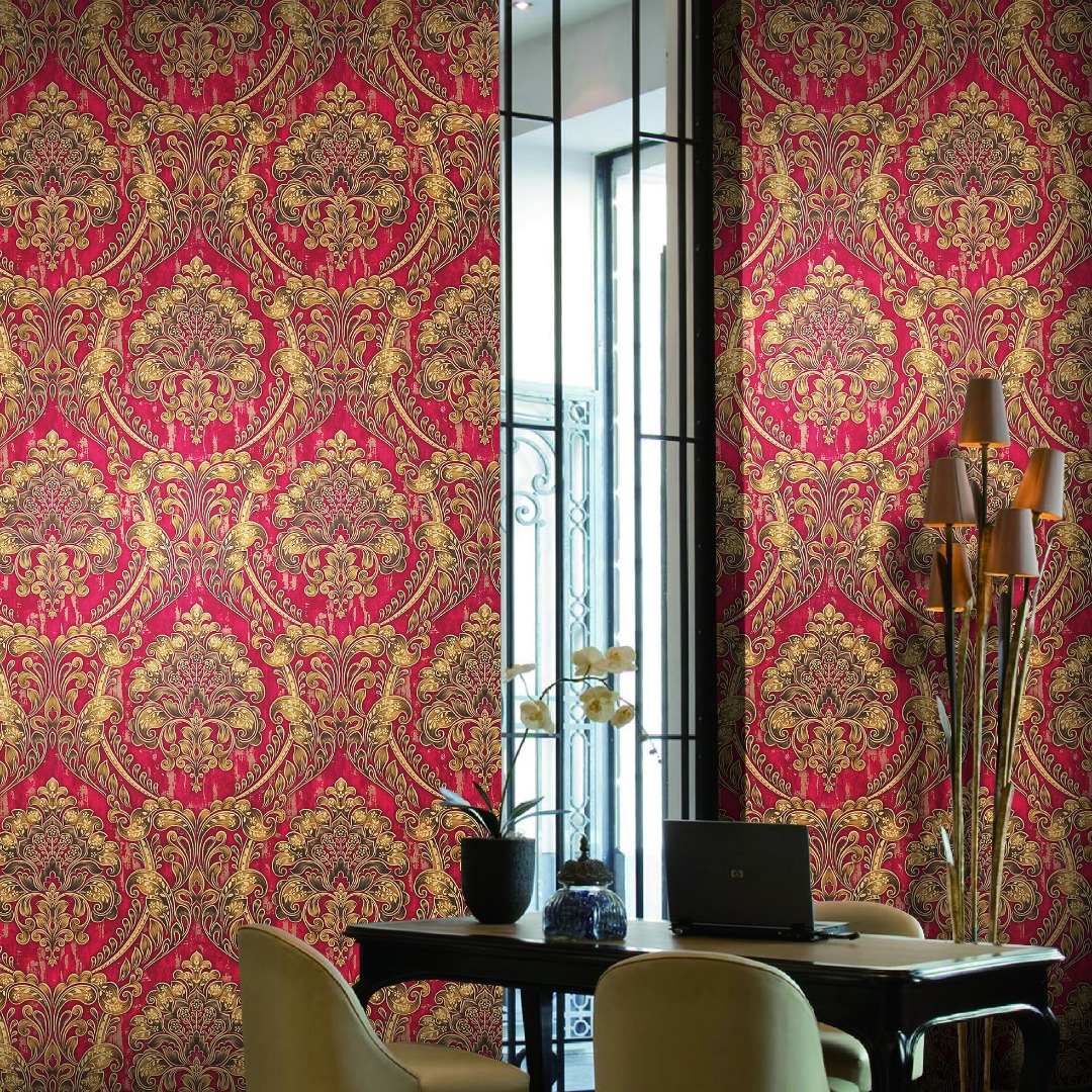 Gold and Red Damask Wallpaper