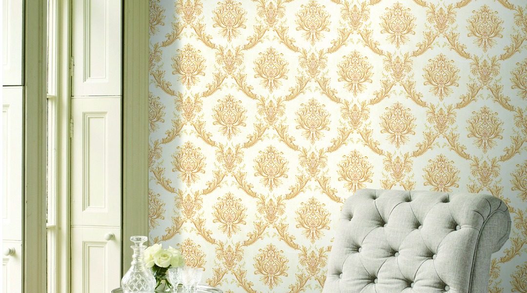 Light colored regular damask wallpaper to make a small living room appear spacious