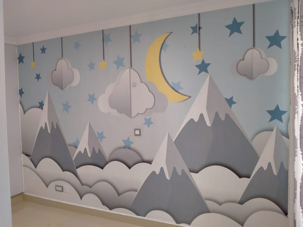 Geometric mountains, crescent and stars wall mural