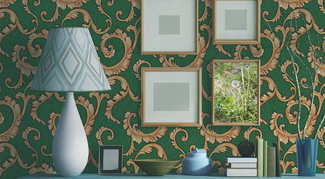 Green tone home office damask wallpaper 