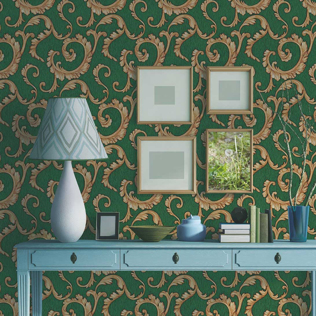 D180407 Green and gold brocade living room wallpaper 