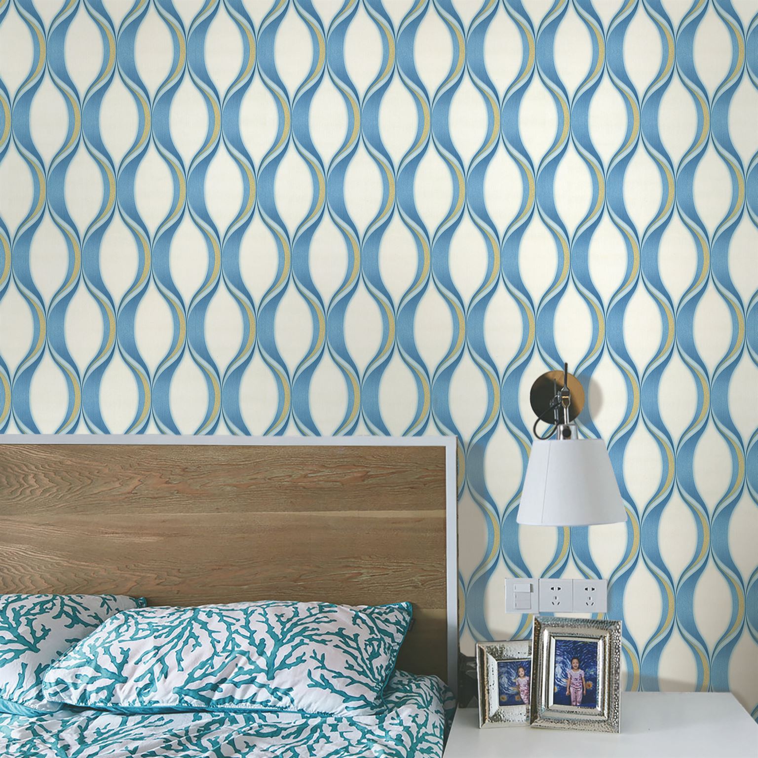 Simply elegant 3d blue, white, and gold bedroom Wallpaper 