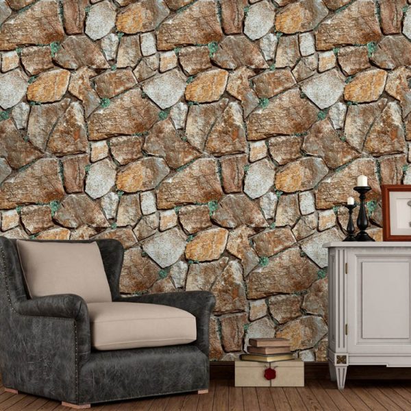 Adding texture to flat home walls with stone effect wallpaper 