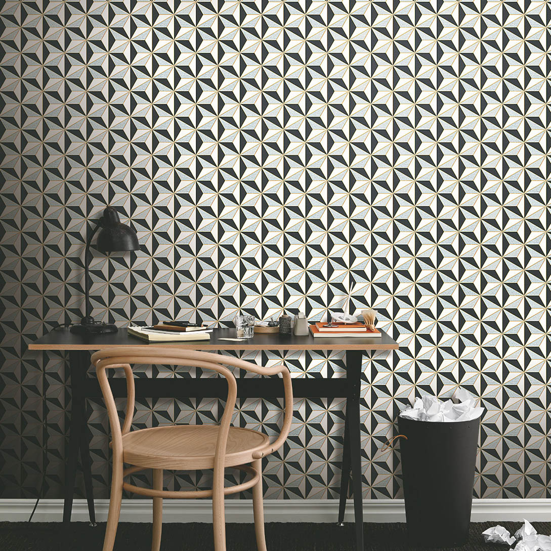 Classic black and white 3D geometric wall mural