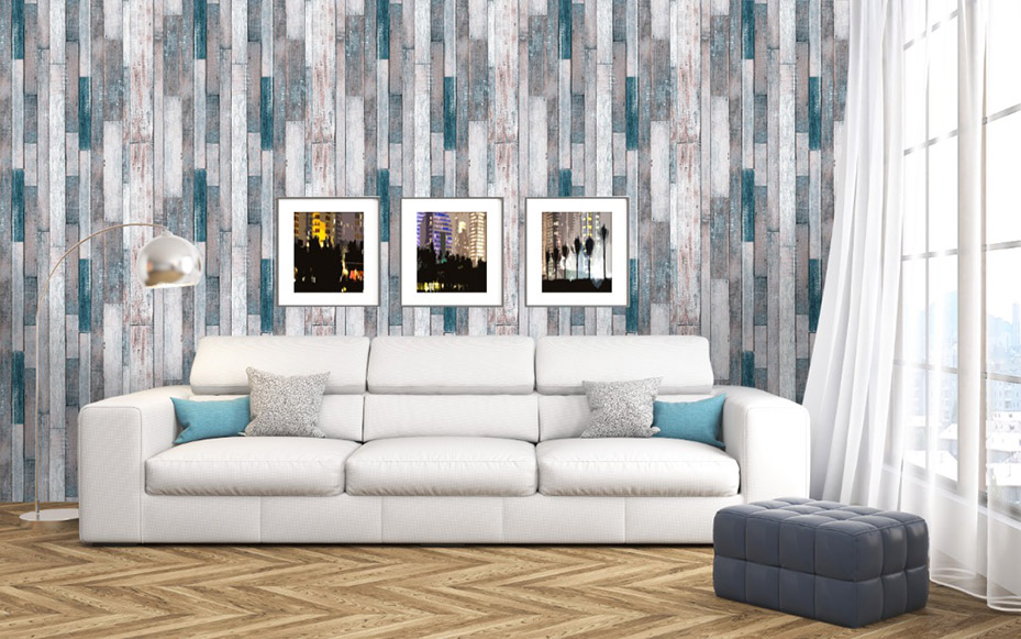 Blue Wood effect 3d feature wall living room wallpaper 