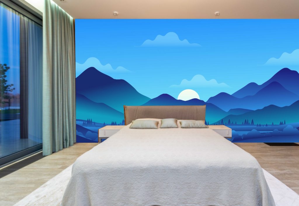 Master bedroom landscape home mural, digital wallpaper. 