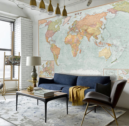 Open space world map home office wallpaper