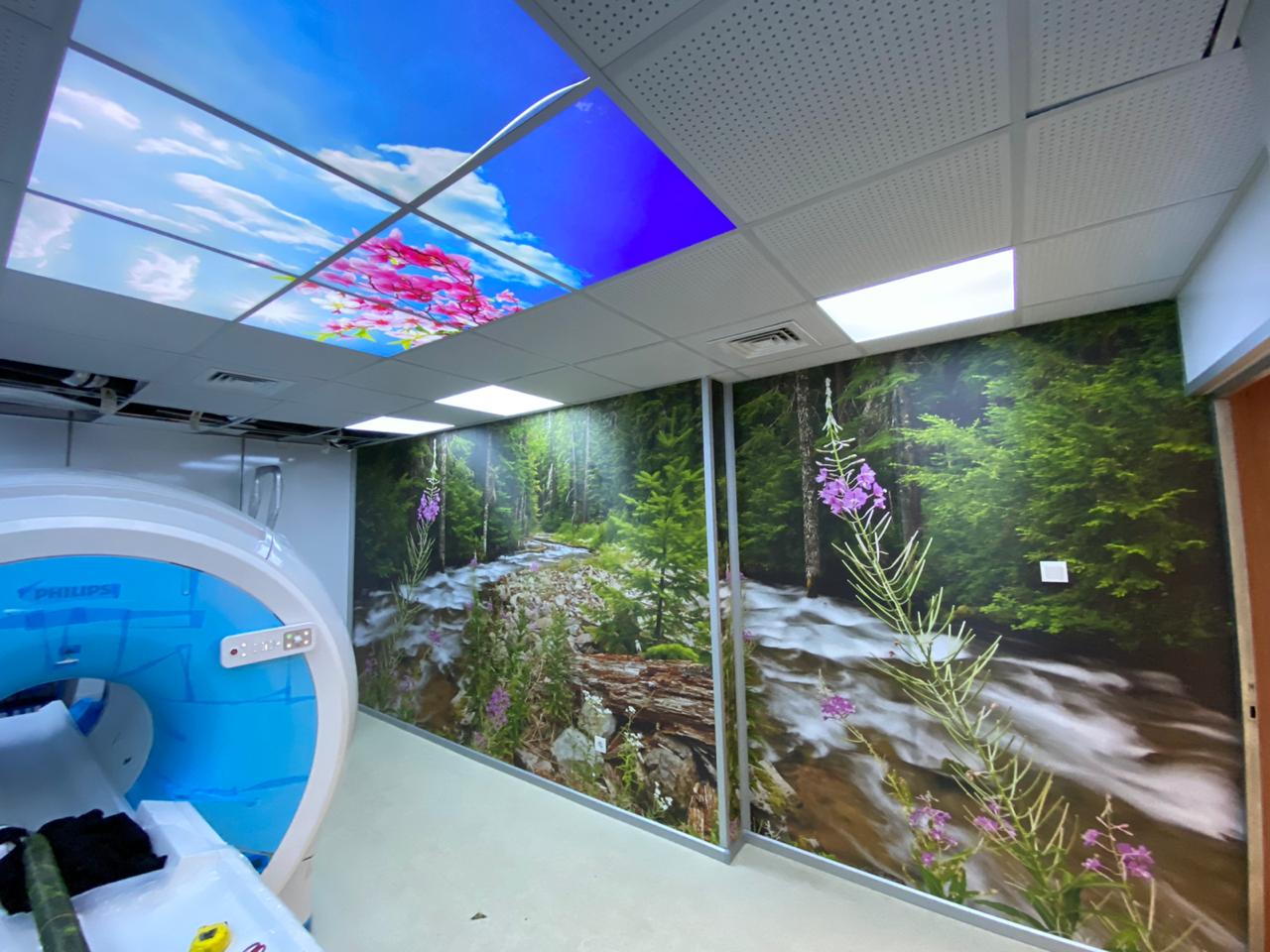 Botanical nature wall mural wallpaper. Healthcare wall art in a surgical clinic. 