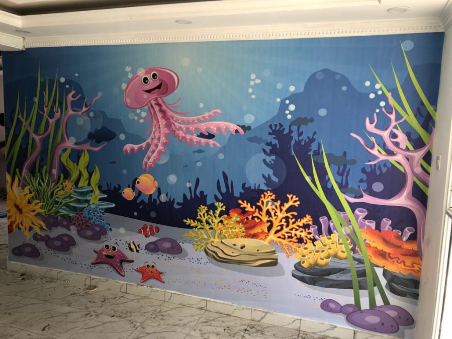 Nursery under the sea cartoon 3d library wallpaper