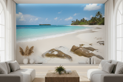 Living room beach custom wallpaper mural.
