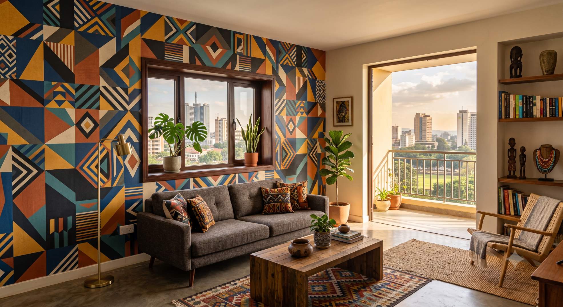 Unique modern geometric wallpaper mural in a Nairobi living room.