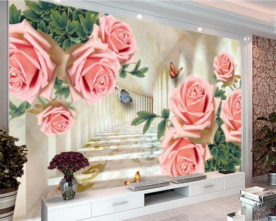 3d custom-made floral pink mural living room. Accent wall wallpaper. 