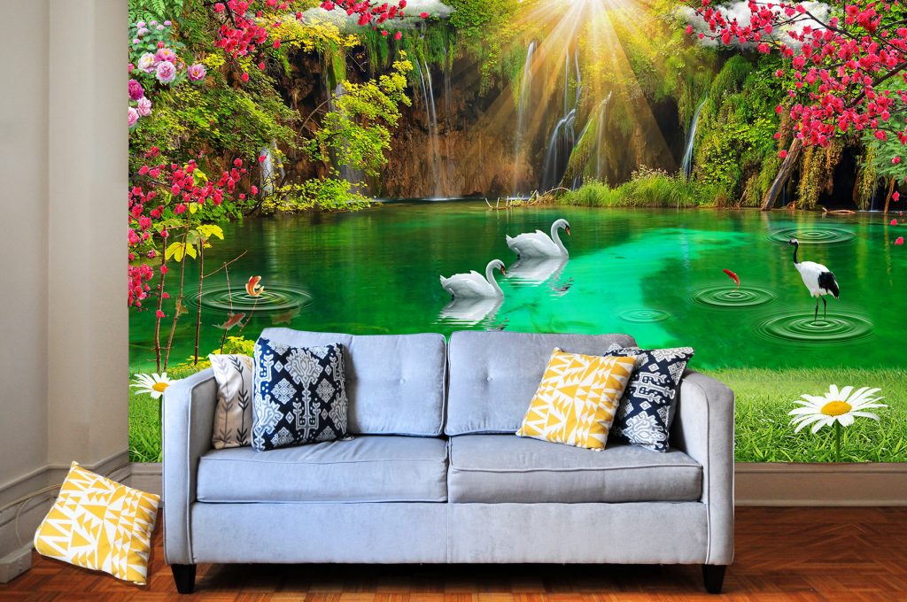 Feature wall river bed sitting room home mural. Nature themed wallpaper.