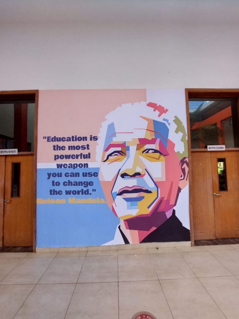 Educational, professional pink aesthetic wall art mural. Nelson Mandela Motivational Library Wallpaper. African mural painting.