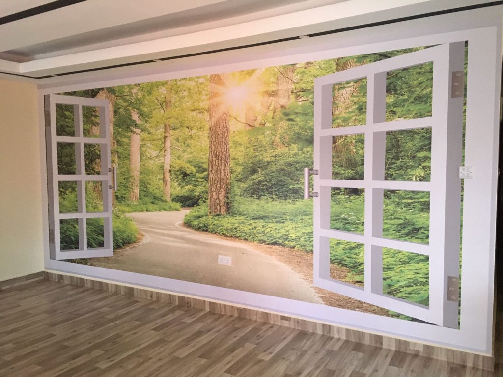 Realistic 3d view through the window wall mural