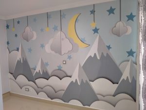 Pastel colors abstract mountains and sky mural for nursery walls