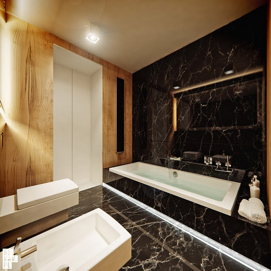 Bathroom black marble and wood effects  