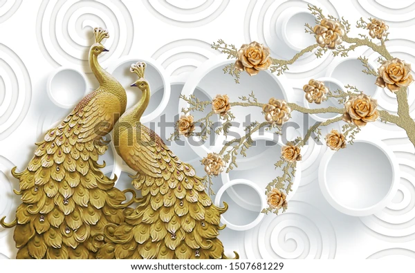 3d gold peacock on white background, one of the latest wallpaper designs. 