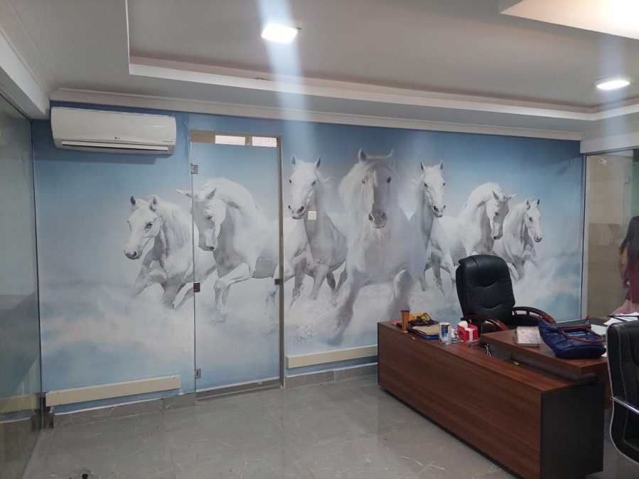 Seven white horses on light blue wallpaper