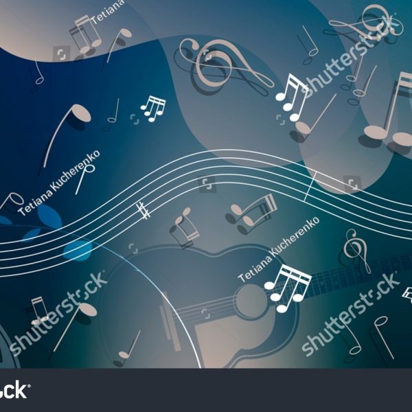 Modern mural ideas of music wallpaper in beige and azure tones silhouettes of guitars musical notes treble