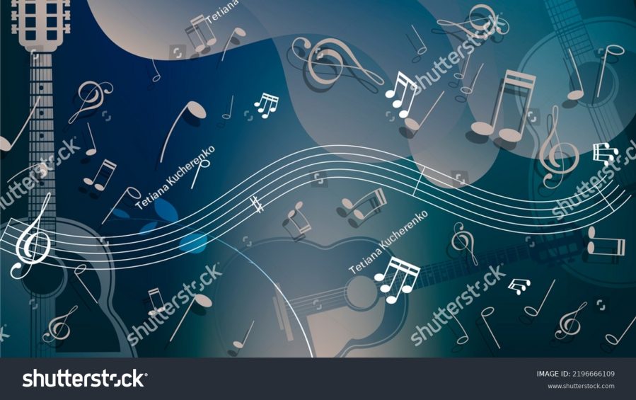 Modern mural ideas of music wallpaper in beige and azure tones silhouettes of guitars musical notes treble