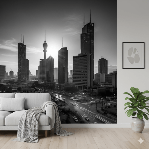Monochrome Cityscape at Sunset (Urban Sophistication) Wallpaper
