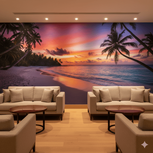 Tropical Beach at Sunset Hotel Lounge Mural Painting